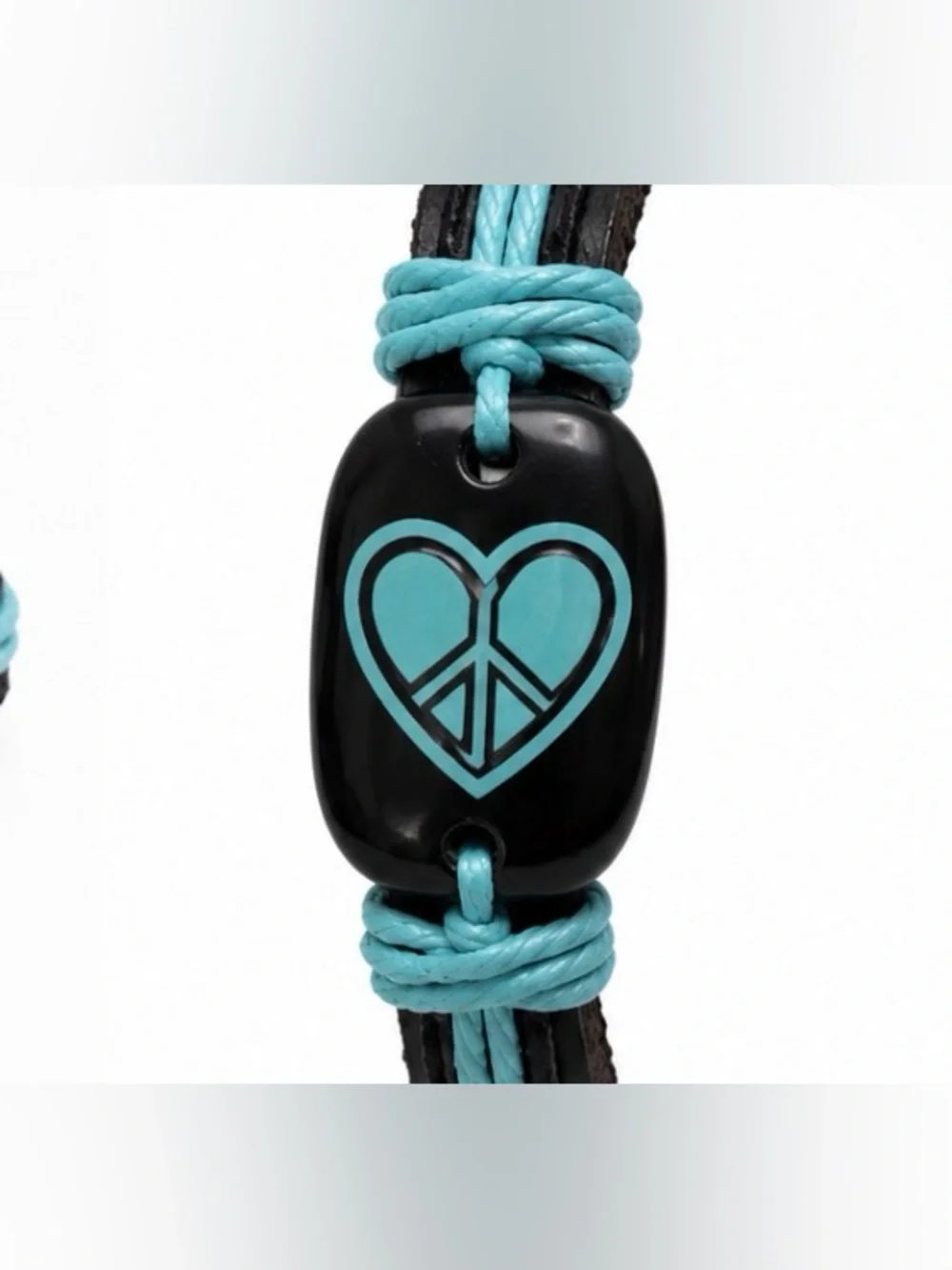 Black Leather & Turquoise Peace Heart Bracelet | Adjustable Unisex